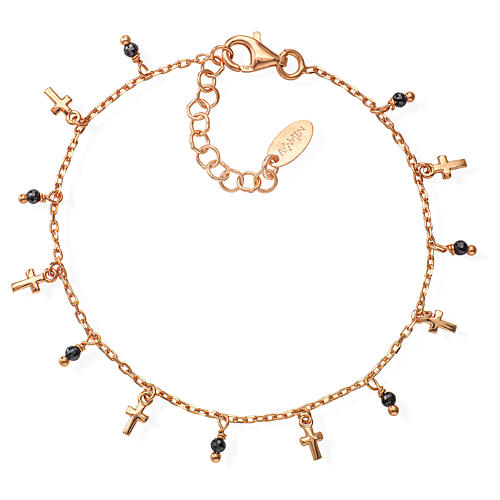 Amen bracelet with crucifix charms and black beads, coppery finished 925 silver 1