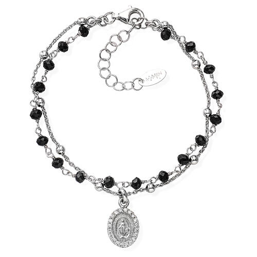 AMEN-Armband aus Silber mit Zirkonen-Medaille der wundertätigen Madonna und schwarzen Perlen 1