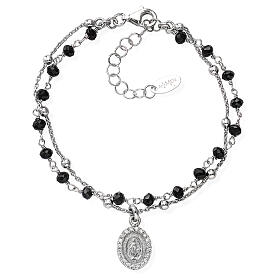 Amen bracelet with Miraculous Medal and black beads, 925 silver and zircons