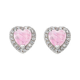 AMEN stud earrings with pink heart, rhodium-plated 925 silver
