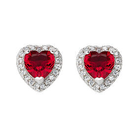 AMEN stud earrings with ruby heart, rhodium-plated 925 silver