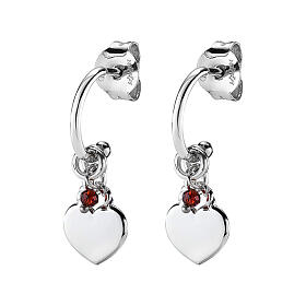 AMEN J-hoop earrings with ruby crystal and heart-shaped charm, rhodium-plated 925 silver