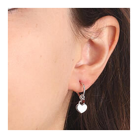 AMEN J-hoop earrings with ruby crystal and heart-shaped charm, rhodium-plated 925 silver