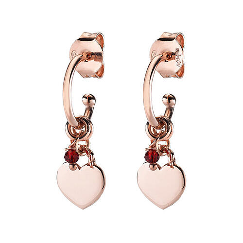 AMEN J-hoop earrings with ruby crystal and heart-shaped charm, rosé 925 silver 1