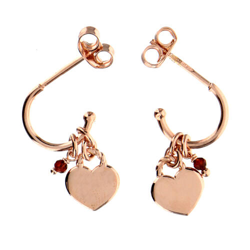 AMEN J-hoop earrings with ruby crystal and heart-shaped charm, rosé 925 silver 3