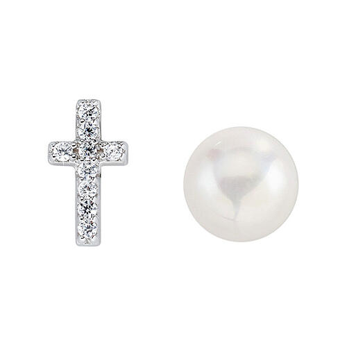 AMEN stud earrings with pearl and zircon cross, rhodium-plated 925 silver 1