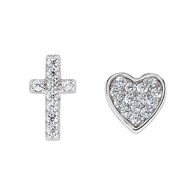 AMEN stud earrings, cross and heart with white zircons, rhodium-plated 925 silver