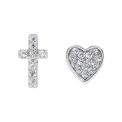 AMEN stud earrings, cross and heart with white zircons, rhodium-plated 925 silver 1