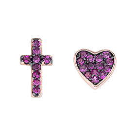 AMEN stud earrings, cross and heart with pruple zircons, rhodium-plated 925 silver