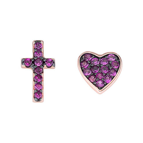 AMEN stud earrings, cross and heart with pruple zircons, rhodium-plated 925 silver 1