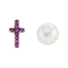 Pendientes cruz zirconada perla AMEN plata 925 rosada