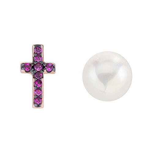 AMEN pearl zircon cross earrings in 925 silver with pink finish 1