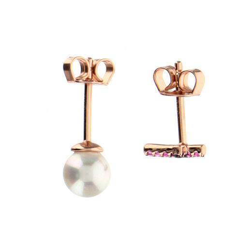 AMEN pearl zircon cross earrings in 925 silver with pink finish 3