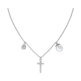 AMEN necklace with zircon charm, zircon cross and pearl, rhodium-plated 925 silver