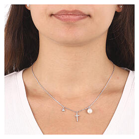 AMEN necklace with zircon charm, zircon cross and pearl, rhodium-plated 925 silver