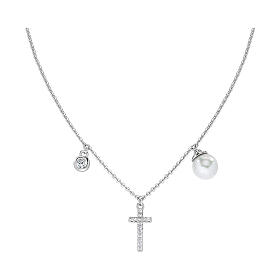 Cross necklace pearl zircons AMEN silver 925 fin. rhodium