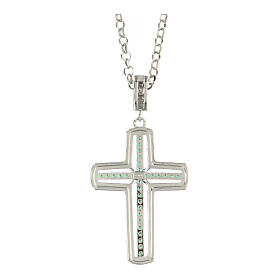 AMEN necklace with white and green cross, zircons and rhodium-plated 925 silver