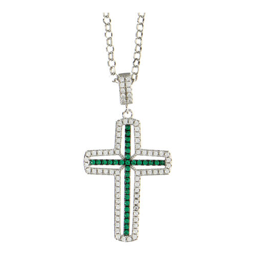 AMEN necklace with white and green cross, zircons and rhodium-plated 925 silver 1