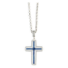AMEN necklace with white and blue cross, zircons and rhodium-plated 925 silver