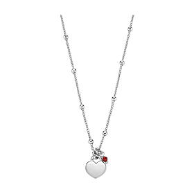 AMEN necklace with beads, red crystal and heart pendant, rhodium-plated 925 silver