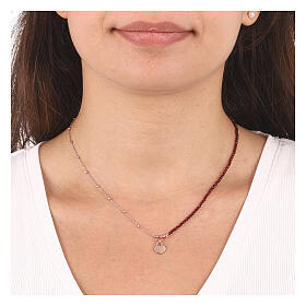 AMEN necklace with beads, red crystals and heart pendant, rosé 925 silver