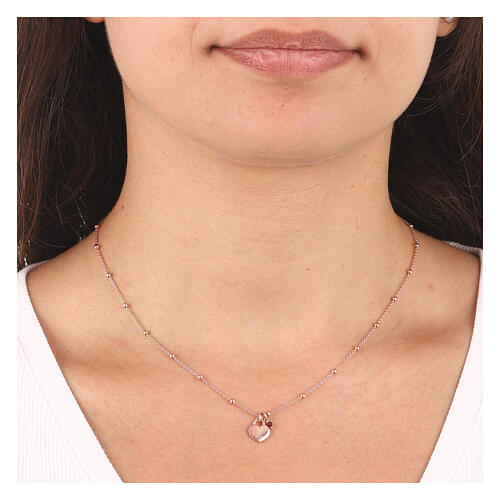 AMEN necklace with beads, red crystal and heart pendant, rosé 925 silver 2