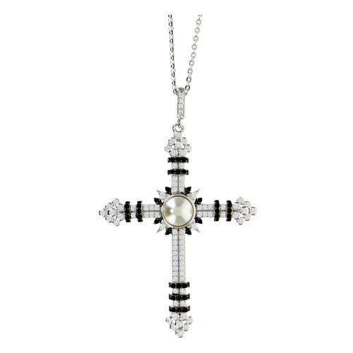 AMEN necklace with zircon cross and central pearl, rhodium-plated 925 silver 1