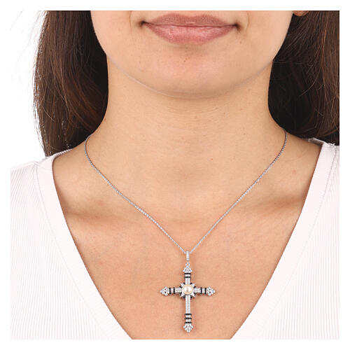 AMEN necklace with zircon cross and central pearl, rhodium-plated 925 silver 2