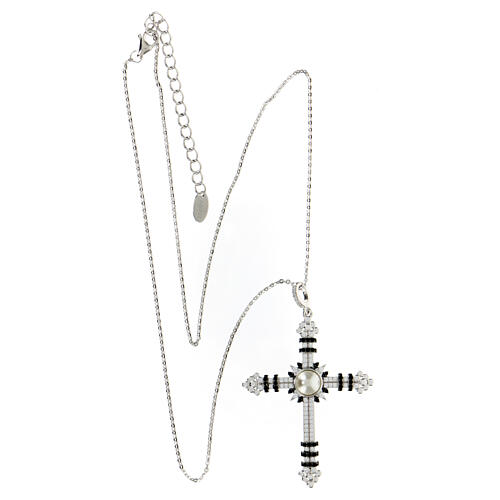 Zircon cross necklace with AMEN pearl in 925 rhodium silver 4
