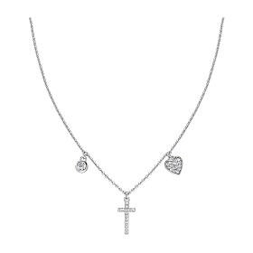 AMEN necklace with zircon charm, cross and heart with white zircons, rhodium-plated 925 silver