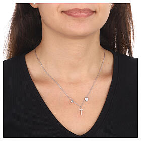 AMEN necklace with zircon charm, cross and heart with white zircons, rhodium-plated 925 silver