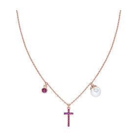 AMEN necklace with purple zircon charm, purple zircon cross and pearl, rosé 925 silver