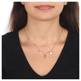 AMEN necklace with purple zircon charm, purple zircon cross and pearl, rosé 925 silver