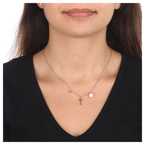 AMEN necklace with purple zircon charm, purple zircon cross and pearl, rosé 925 silver 2