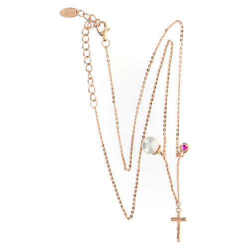 AMEN necklace with purple zircon charm, purple zircon cross and pearl, rosé 925 silver 5