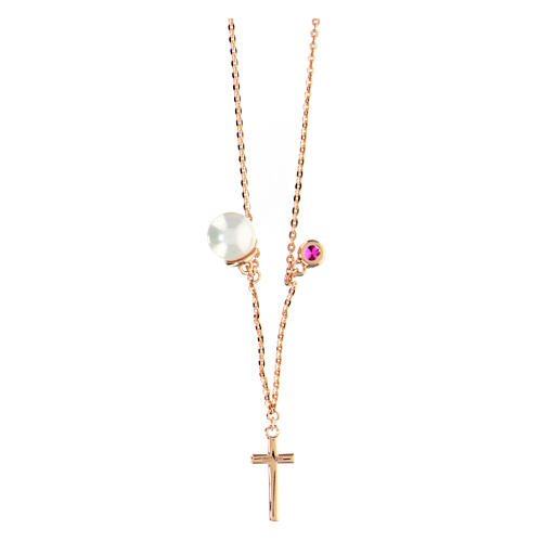 Collier AMEN croix perle et zircon mauve argent 925 rosé 4