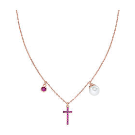 925 silver necklace AMEN cross pearl ruby ​​zircons rose finish