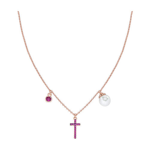 925 silver necklace AMEN cross pearl ruby ​​zircons rose finish 1