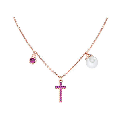 925 silver necklace AMEN cross pearl ruby ​​zircons rose finish 3