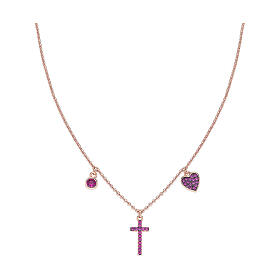 AMEN necklace with zircon charm, cross and heart with purple zircons, rosé 925 silver