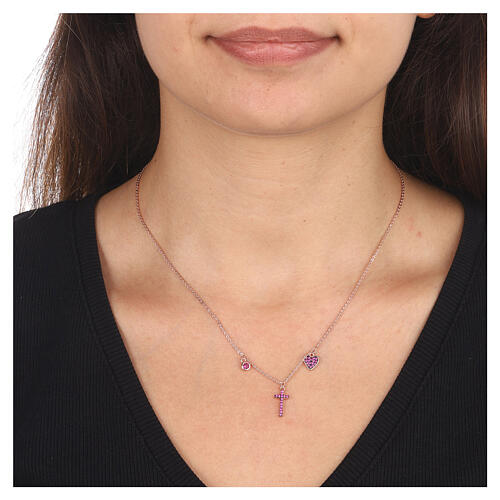 AMEN necklace with zircon charm, cross and heart with purple zircons, rosé 925 silver 2