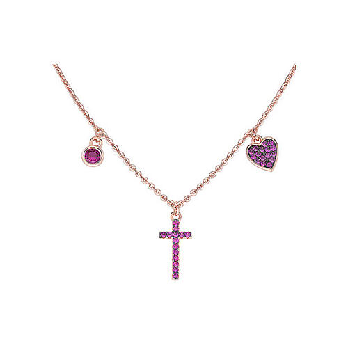 AMEN necklace with zircon charm, cross and heart with purple zircons, rosé 925 silver 3