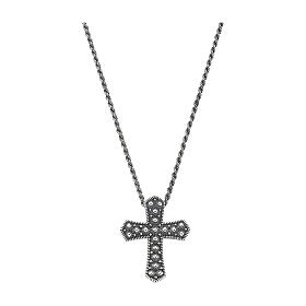 Collana Croce pralinata AMEN argento 925 finitura brunita