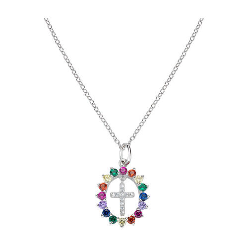 Collier AMEN croix avec ovale de zircons multicolores argent 925 rhodié 1