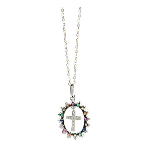 Collier AMEN croix avec ovale de zircons multicolores argent 925 rhodié 3