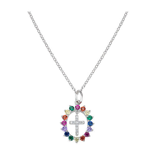 Collana Croce Raggera zirconi multicolore AMEN arg. 925 fin. rodio 1