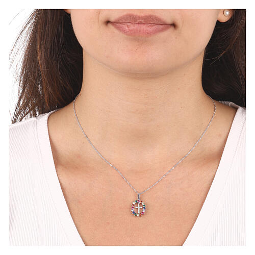 Collana Croce Raggera zirconi multicolore AMEN arg. 925 fin. rodio 2