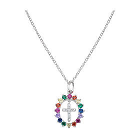 AMEN multicolored zircons sunburst cross necklace 925 silver rhodium fin