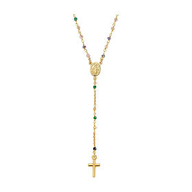 AMEN rosary necklace with dove and green crystals and Miraculous Medal, gold plated finish