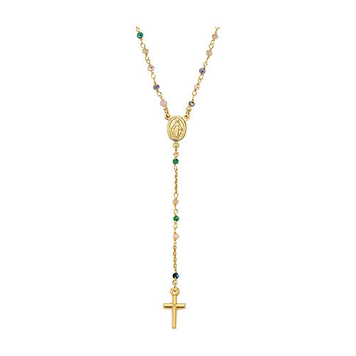 AMEN rosary necklace with dove and green crystals and Miraculous Medal, gold plated finish 1